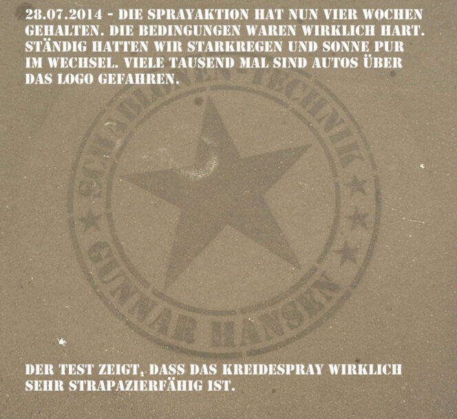 Kreidespray-Aktion auf der Straße, Sichtbarkeit nach 27 Tagen