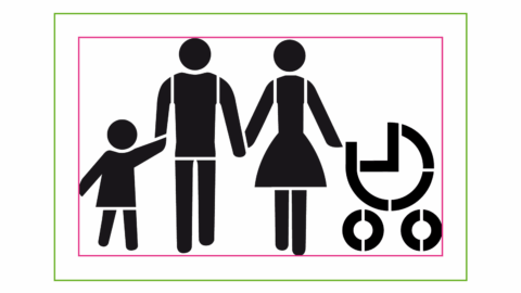 Rot = Bildmaß, Rand, Grün = Schablonenmaß