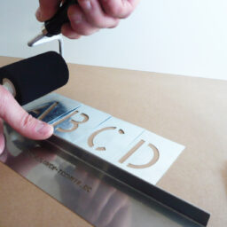 Die Stencil-Schiene mit den Buchstaben-Schablonen ABCD wird mit der linken Hand auf Karton gedrückt, in mit der Rechten Hand wird der Signierroller über die Schablone gehalten..