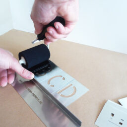 Die Stencil-Schiene mit den Buchstaben-Schablonen ABCD wird mit der linken Hand auf Karton gedrückt, in mit der Rechten Hand wird der Signierroller geführt.
