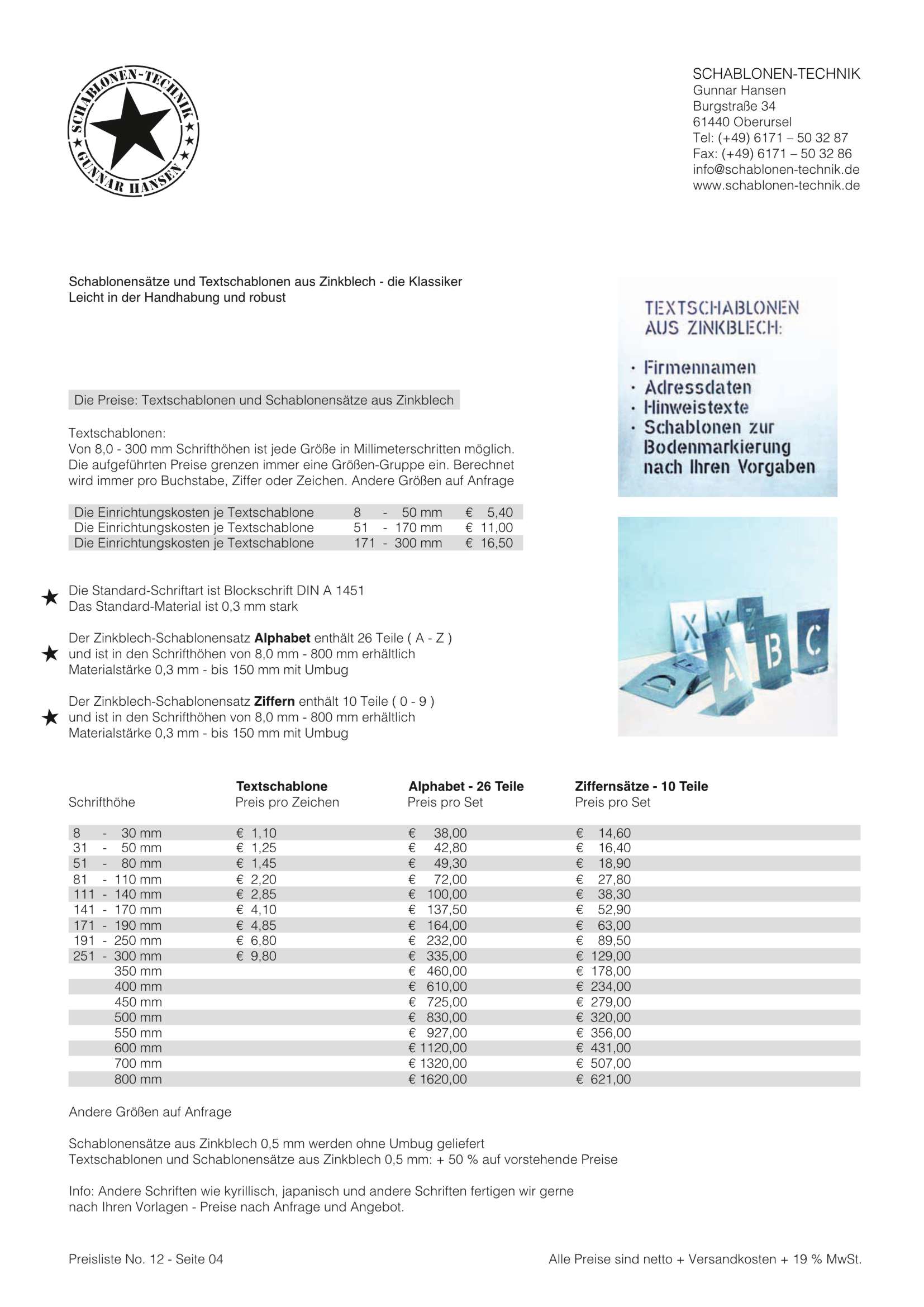 Preisliste 11, Seie 04 – Textschablonen aus Zinkbleck