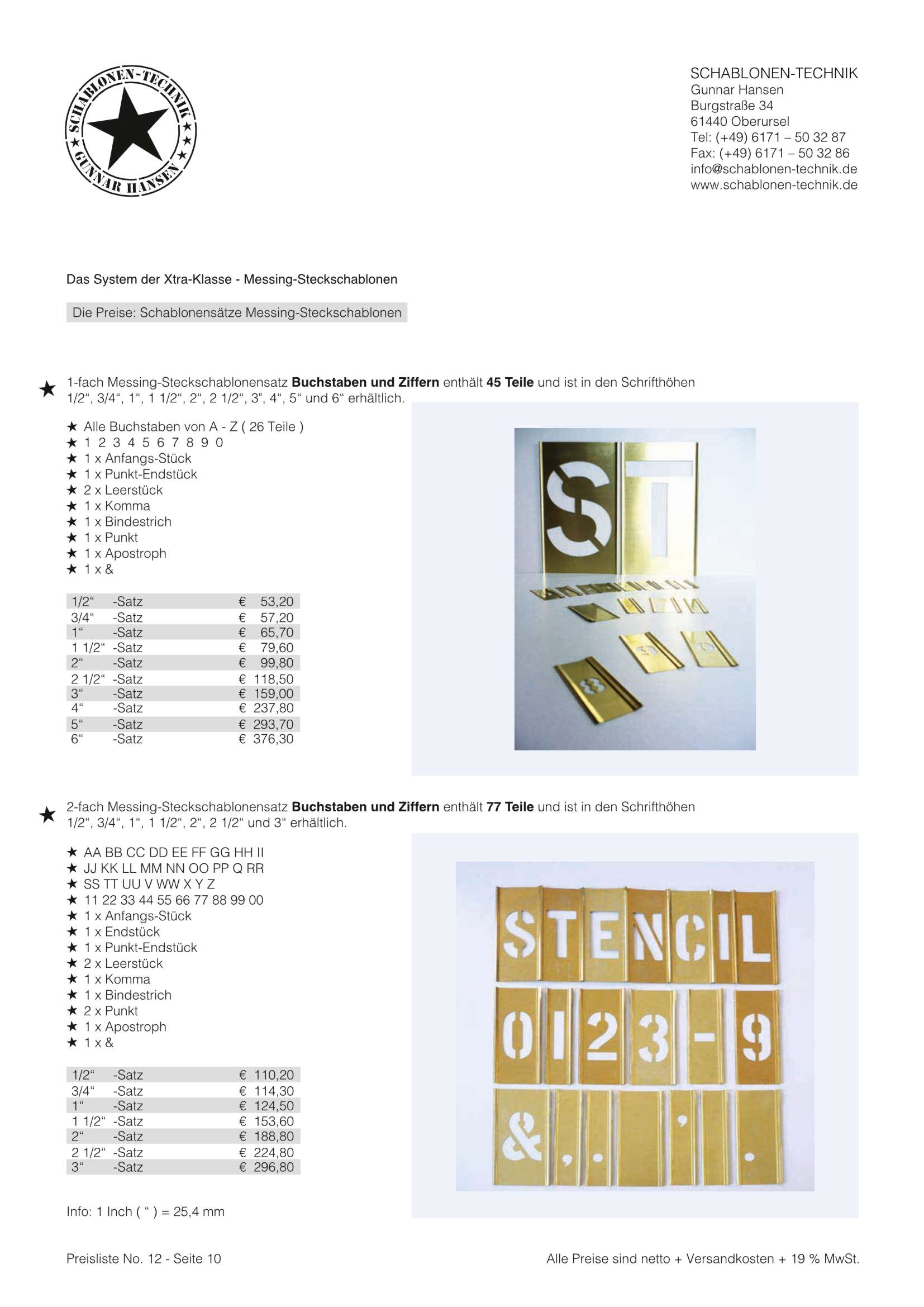Preisliste Seite 09 - Messing Steckschablonen